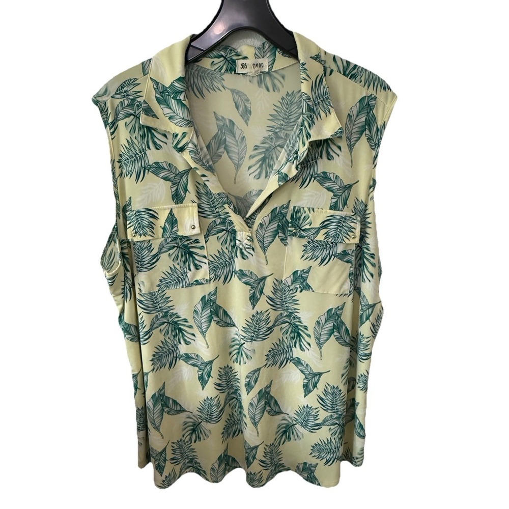 Blue Mood Sleeveless Blouse Women's 3X Light Yellow Multi-Color Tropical‎ Plant